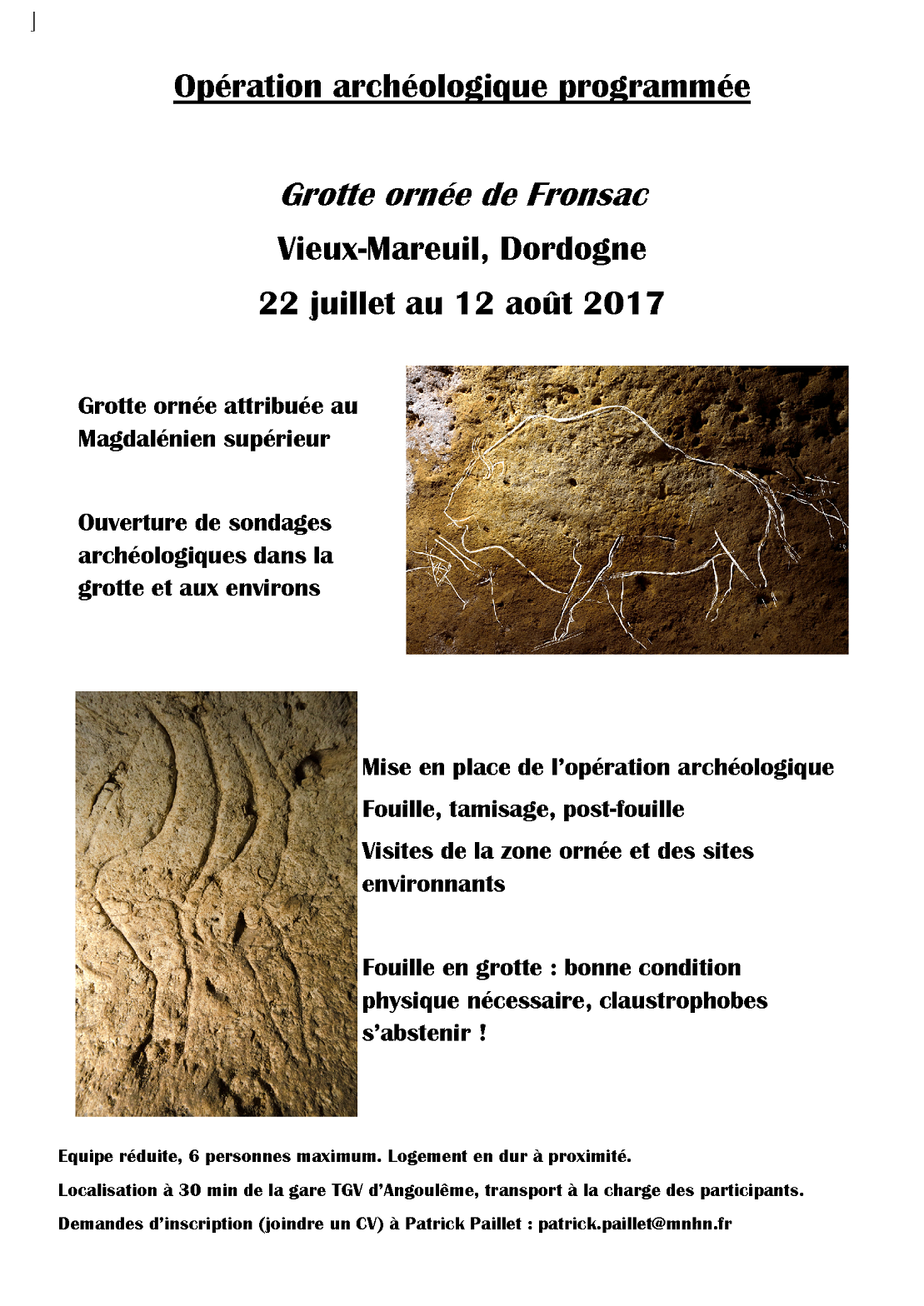Opération archéologique programmée : Grotte ornée de Fronsac-Vieux-Mareuil 24